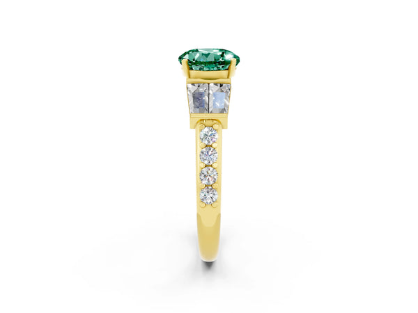 Yellow gold Round Cut Green Sapphire Engagement Ring with Baguette Side Stones and Channel Set Band
