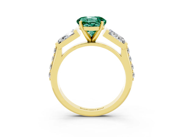 Yellow gold Round Cut Green Sapphire Engagement Ring with Baguette Side Stones and Channel Set Band