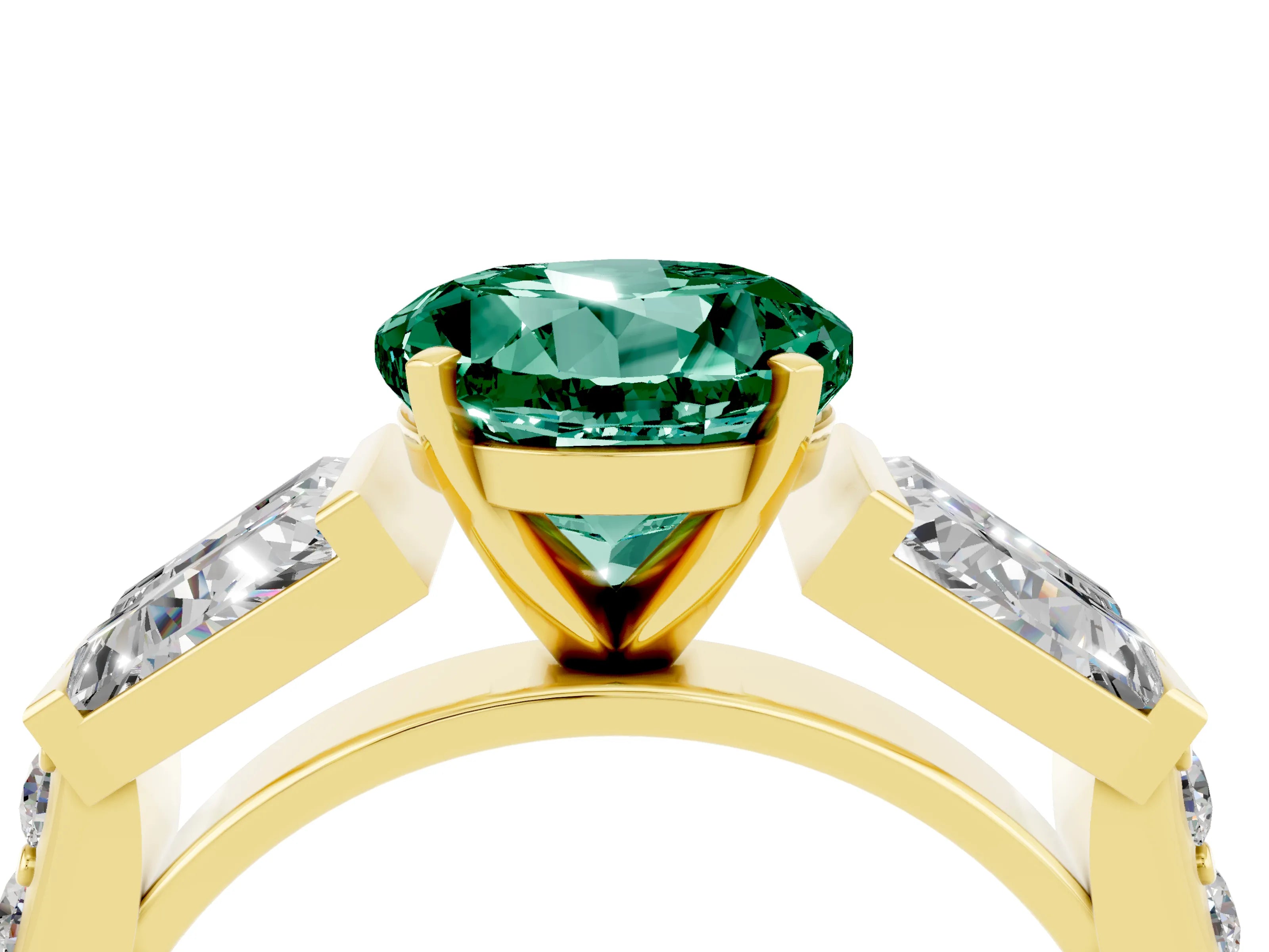 Yellow gold Round Cut Green Sapphire Engagement Ring with Baguette Side Stones and Channel Set Band_4