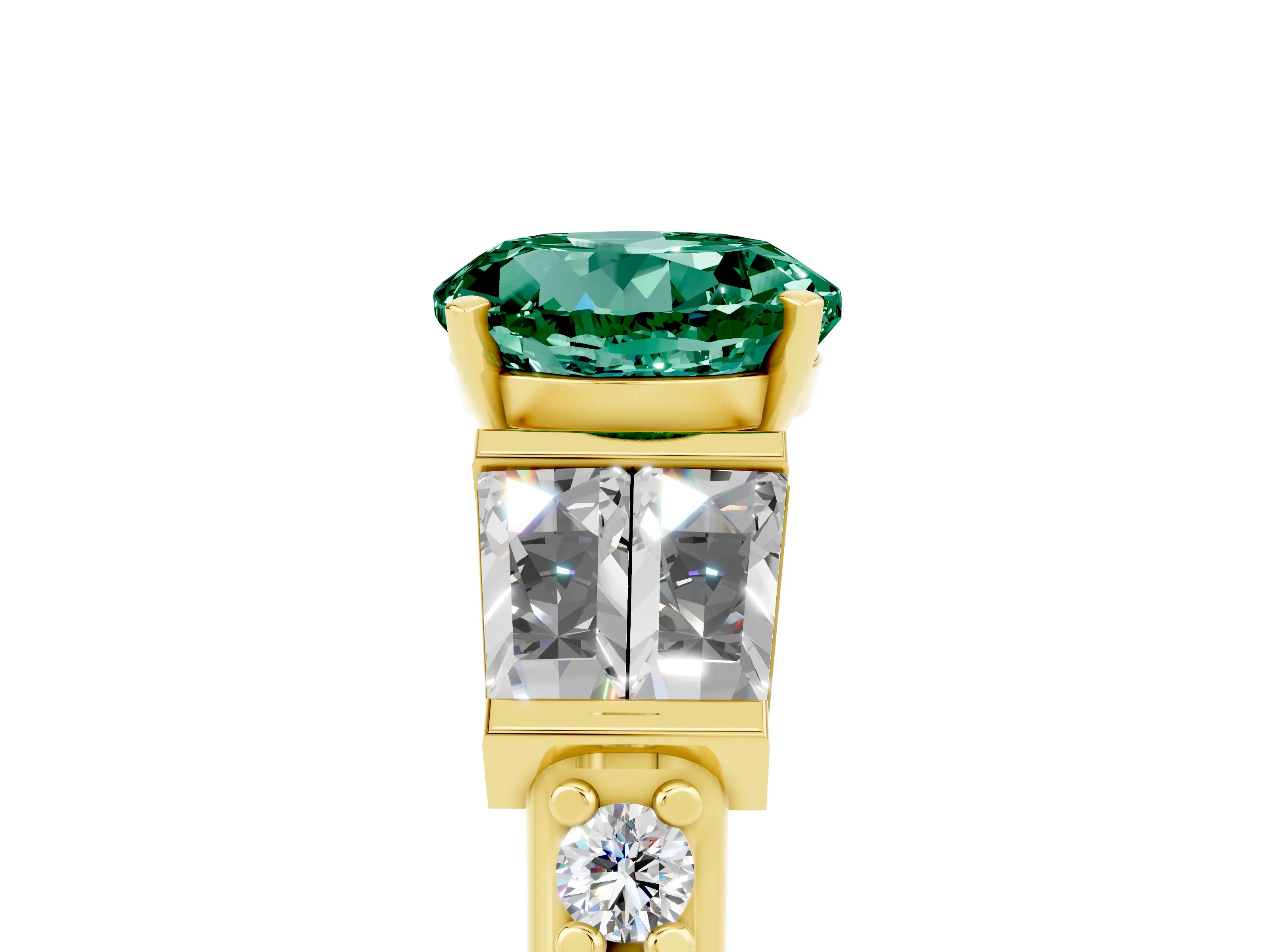 Yellow gold Round Cut Green Sapphire Engagement Ring with Baguette Side Stones and Channel Set Band_5