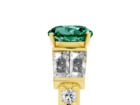 Yellow gold Round Cut Green Sapphire Engagement Ring with Baguette Side Stones and Channel Set Band_5