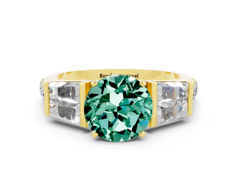 Yellow gold Round Cut Green Sapphire Engagement Ring with Baguette Side Stones and Channel Set Band