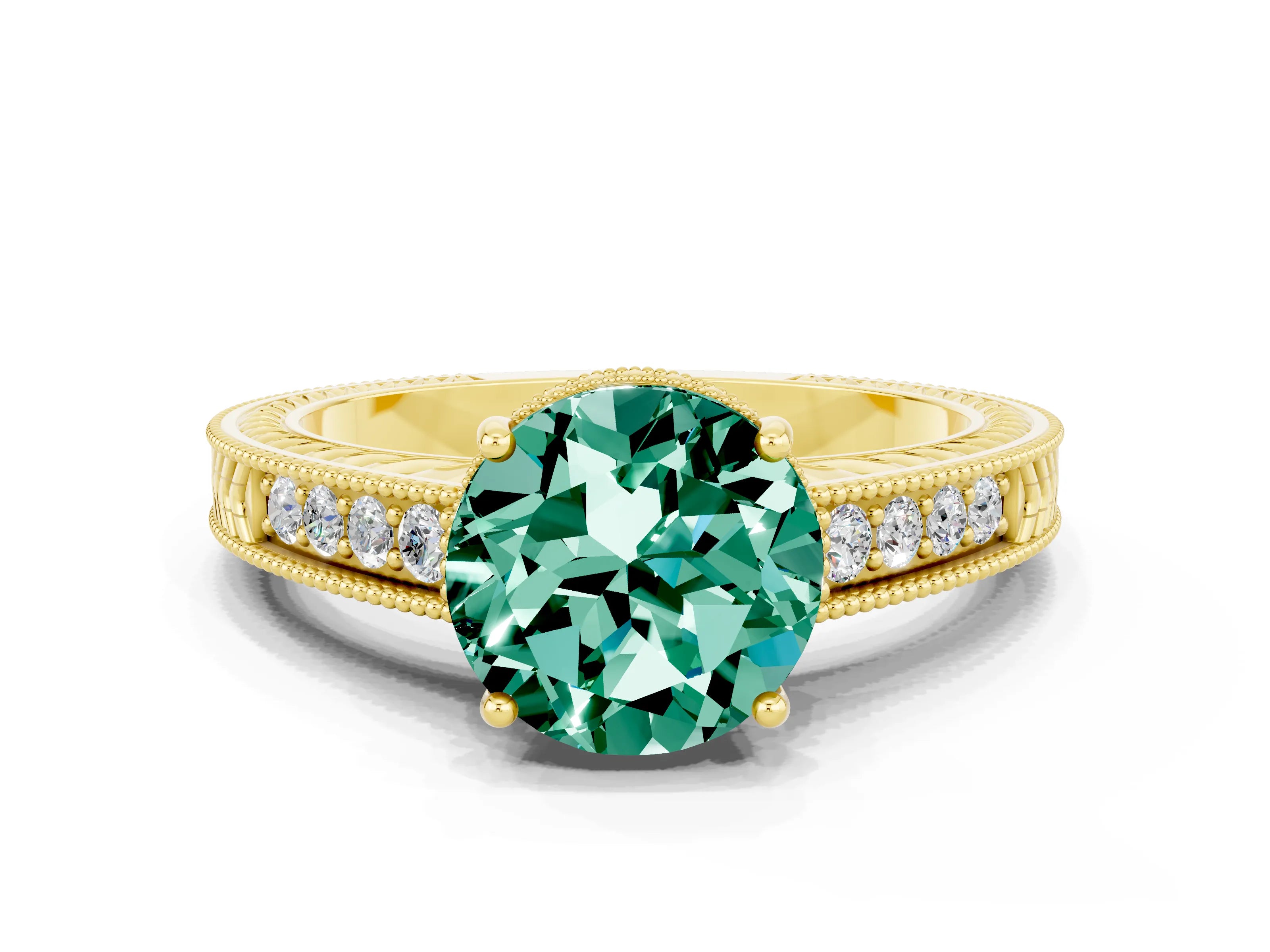 Yellow gold Round Cut Green Sapphire Engagement Ring with Milgrain Channel Set Band and Prong Setting