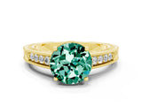 Yellow gold Round Cut Green Sapphire Engagement Ring with Milgrain Channel Set Band and Prong Setting