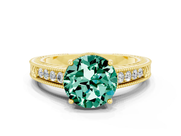 Yellow gold Round Cut Green Sapphire Engagement Ring with Milgrain Channel Set Band and Prong Setting