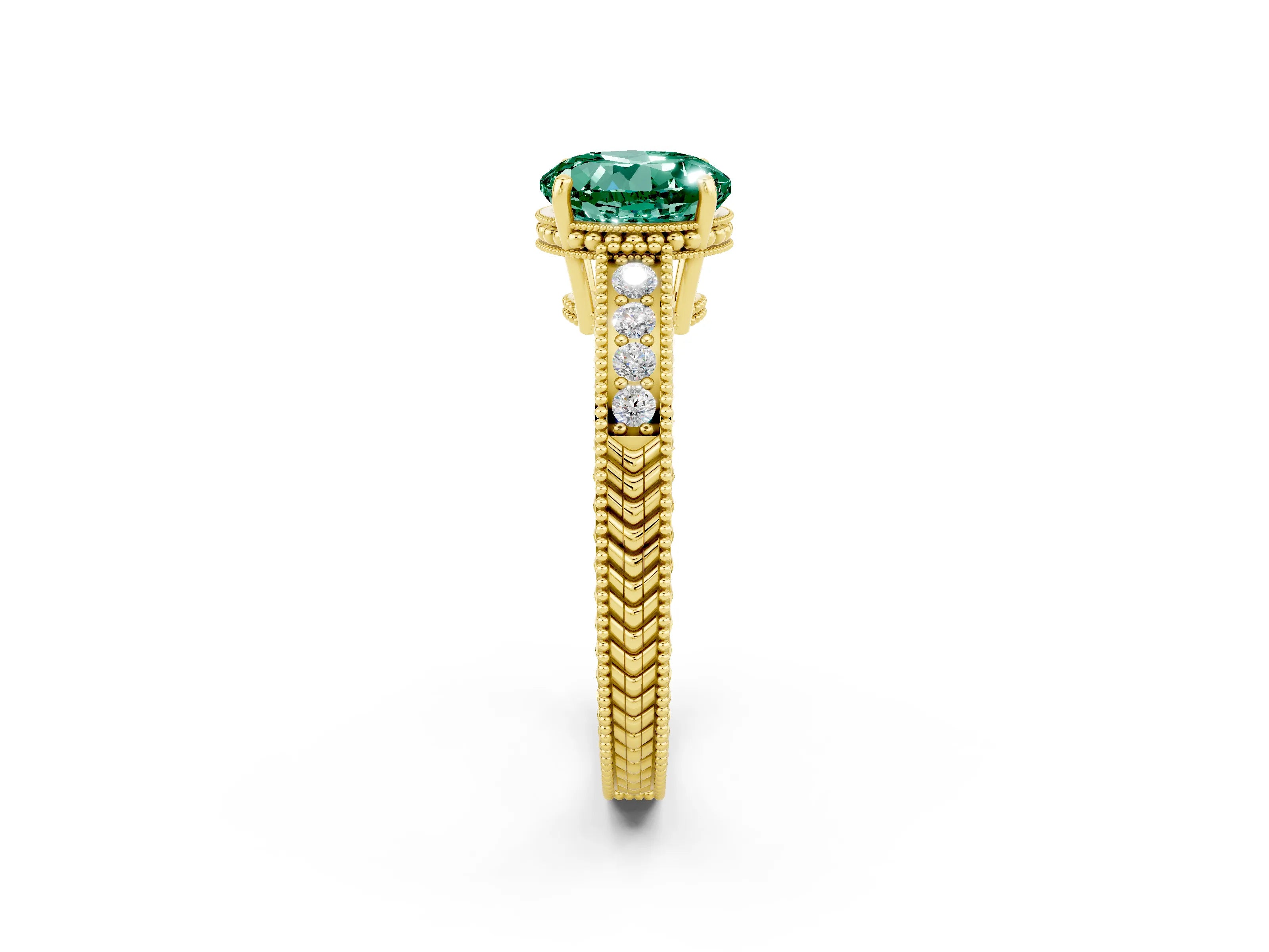 Yellow gold Round Cut Green Sapphire Engagement Ring with Milgrain Channel Set Band and Prong Setting_2