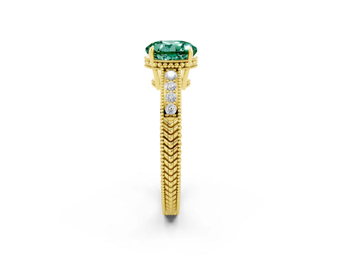 Yellow gold Round Cut Green Sapphire Engagement Ring with Milgrain Channel Set Band and Prong Setting_2