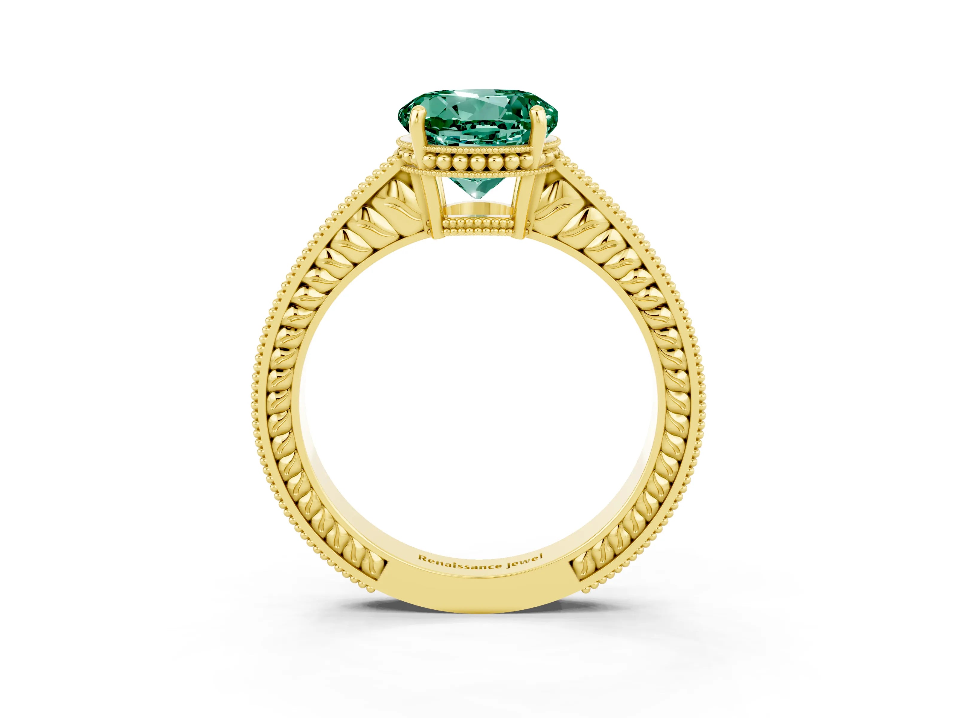 Yellow gold Round Cut Green Sapphire Engagement Ring with Milgrain Channel Set Band and Prong Setting_3