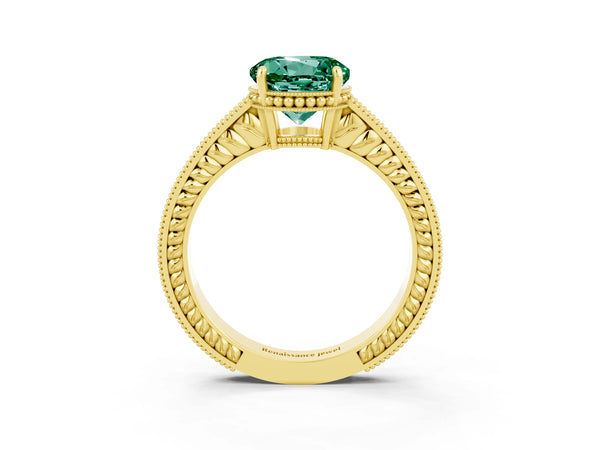 Yellow gold Round Cut Green Sapphire Engagement Ring with Milgrain Channel Set Band and Prong Setting