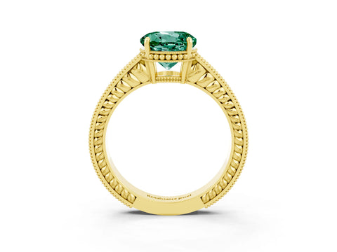 Yellow gold Round Cut Green Sapphire Engagement Ring with Milgrain Channel Set Band and Prong Setting_3