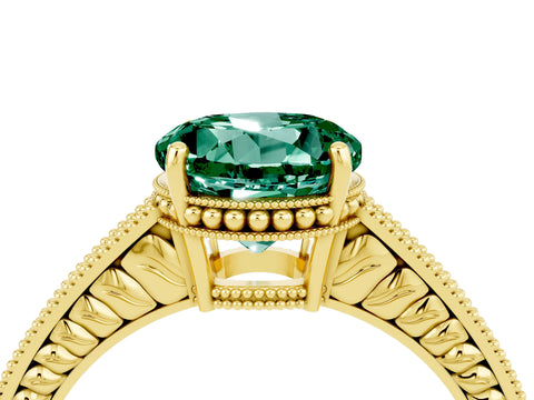 Yellow gold Round Cut Green Sapphire Engagement Ring with Milgrain Channel Set Band and Prong Setting_4