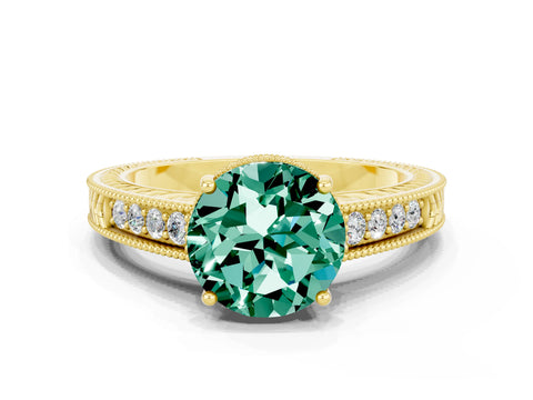 Yellow gold Round Cut Green Sapphire Engagement Ring with Milgrain Channel Set Band and Prong Setting