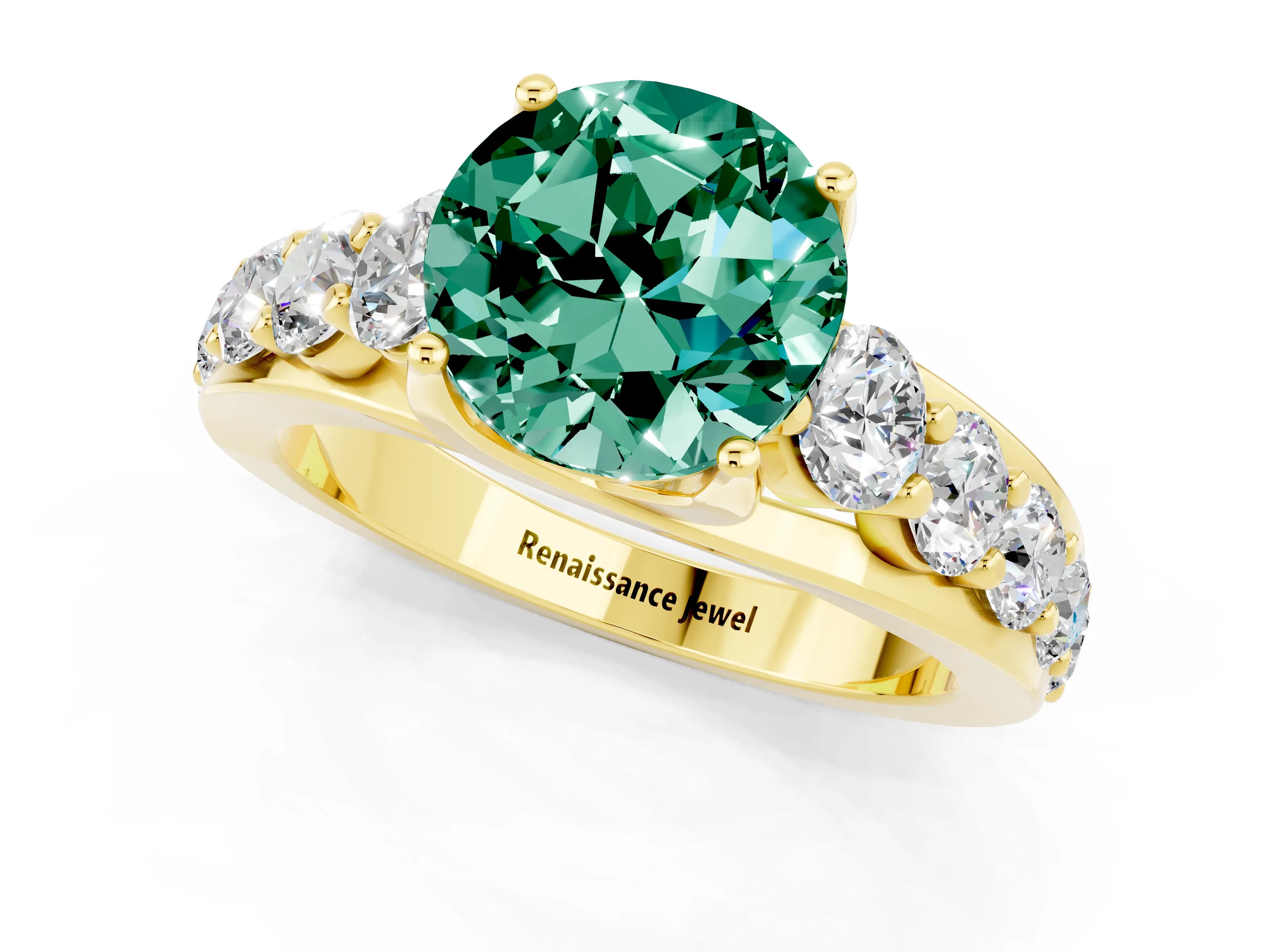 Yellow gold Round Cut Green Sapphire Engagement Ring with Pavé Band and Four-Prong Setting_1