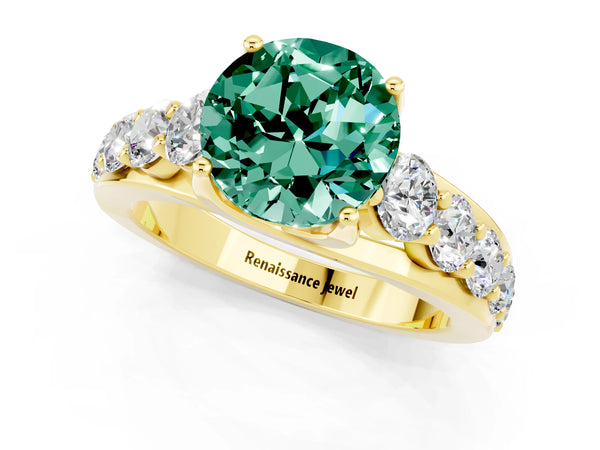 Yellow gold Round Cut Green Sapphire Engagement Ring with Pavé Band and Four-Prong Setting