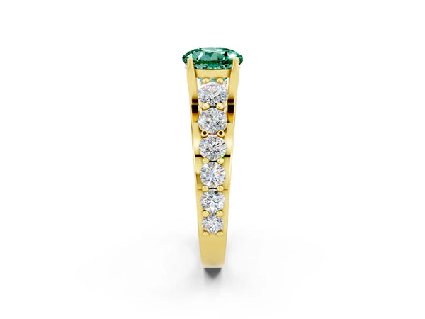 Yellow gold Round Cut Green Sapphire Engagement Ring with Pavé Band and Four-Prong Setting