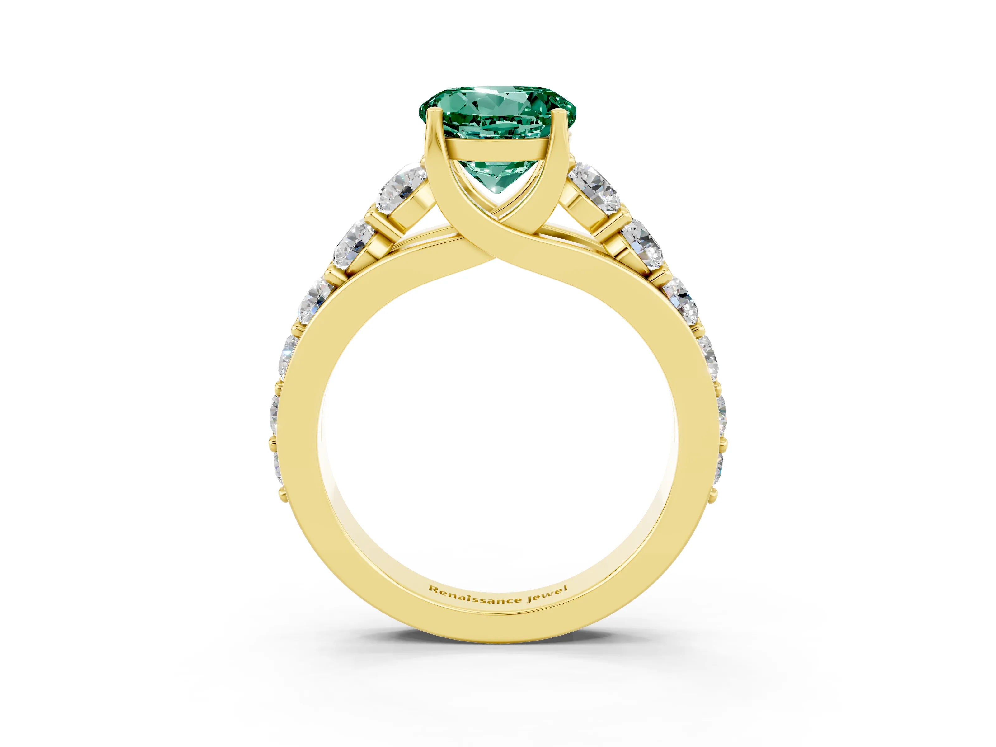 Yellow gold Round Cut Green Sapphire Engagement Ring with Pavé Band and Four-Prong Setting_3
