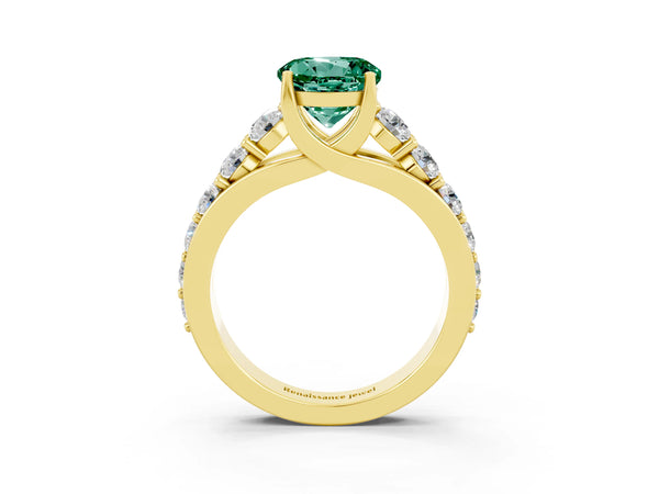 Yellow gold Round Cut Green Sapphire Engagement Ring with Pavé Band and Four-Prong Setting