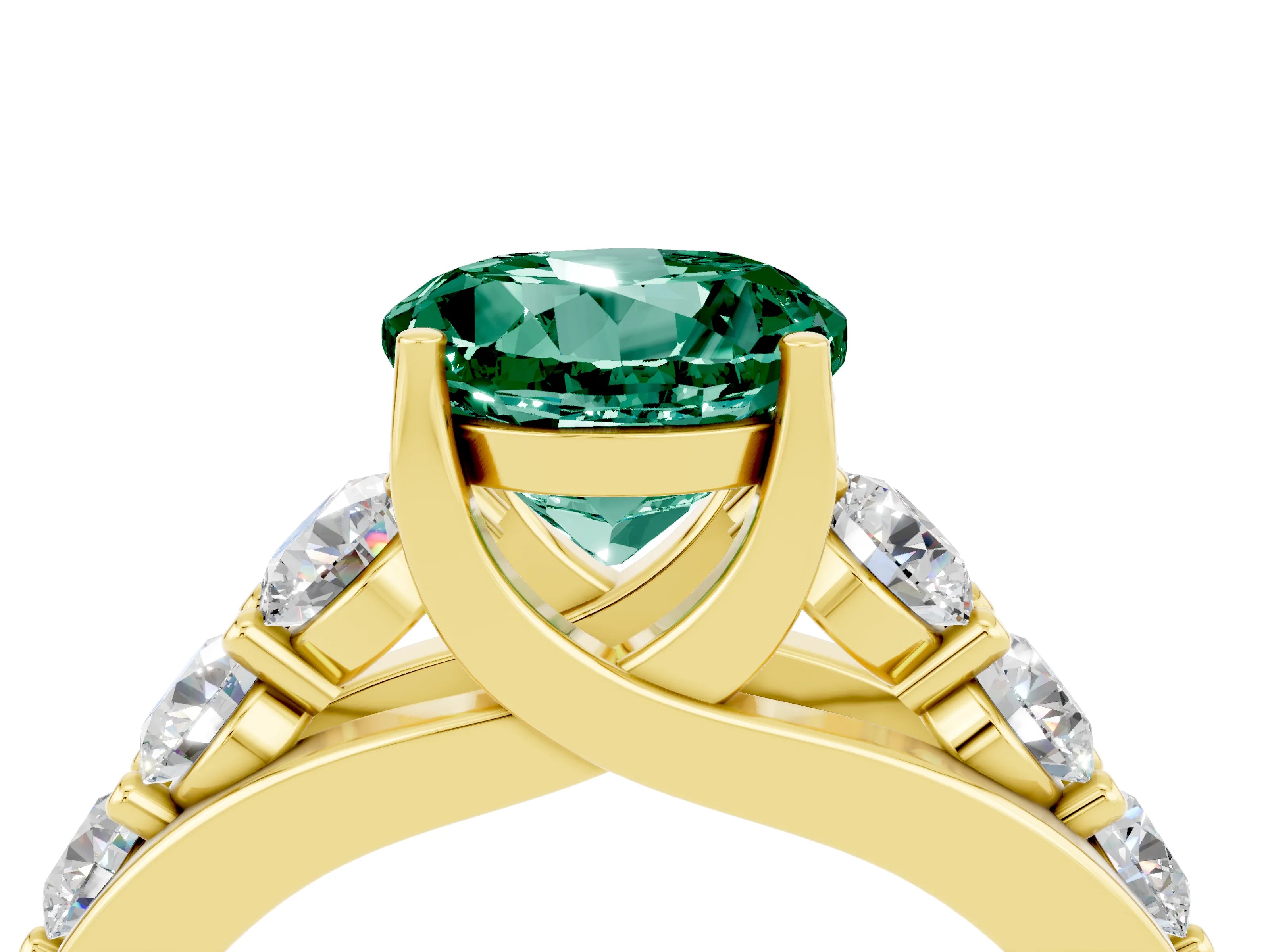 Yellow gold Round Cut Green Sapphire Engagement Ring with Pavé Band and Four-Prong Setting_4