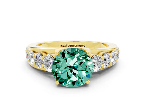 Yellow gold Round Cut Green Sapphire Engagement Ring with Pavé Band and Four-Prong Setting