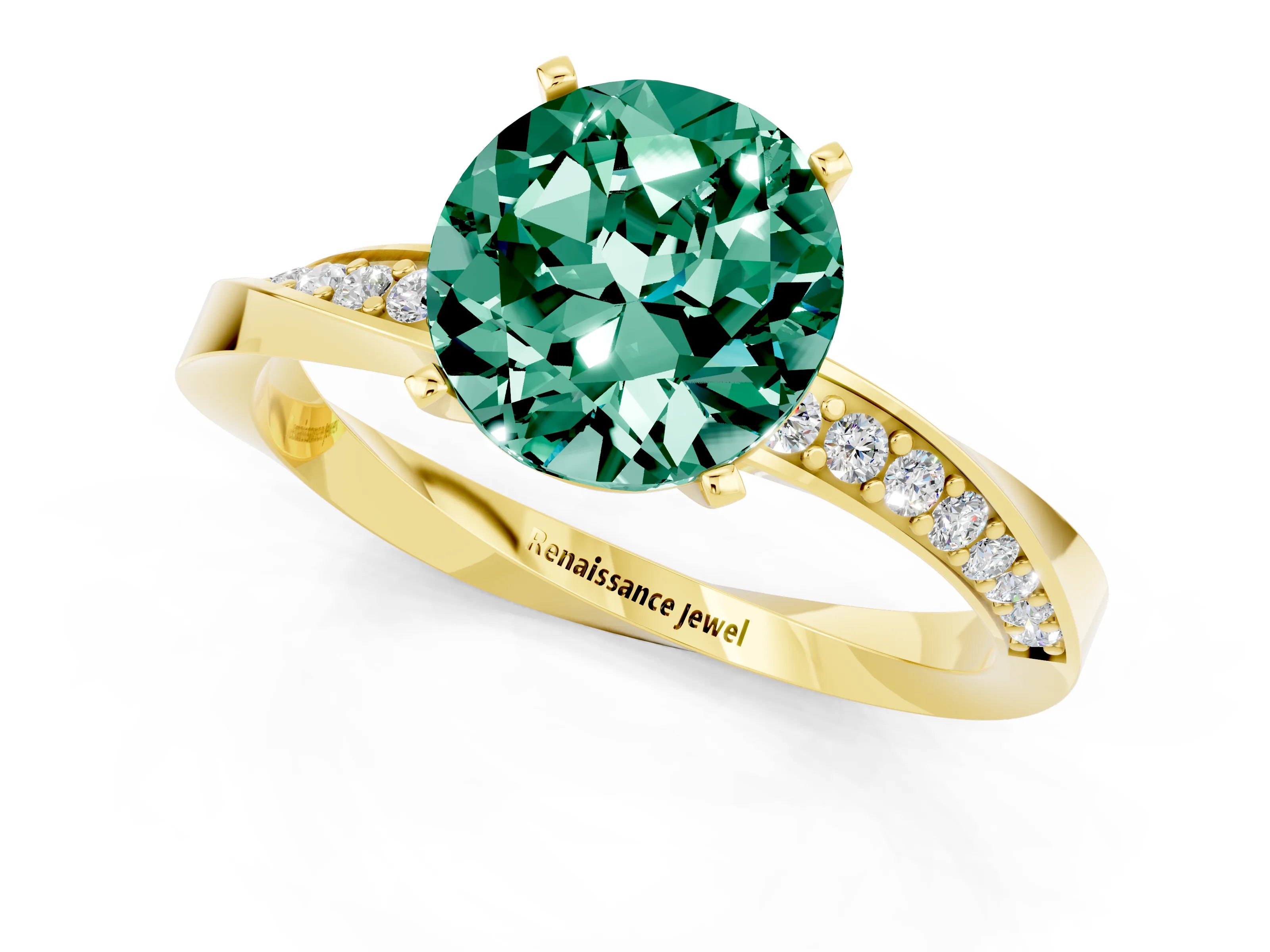 Yellow gold Round Cut Green Sapphire Engagement Ring with Side Stone Accents and Four-Prong Setting_28