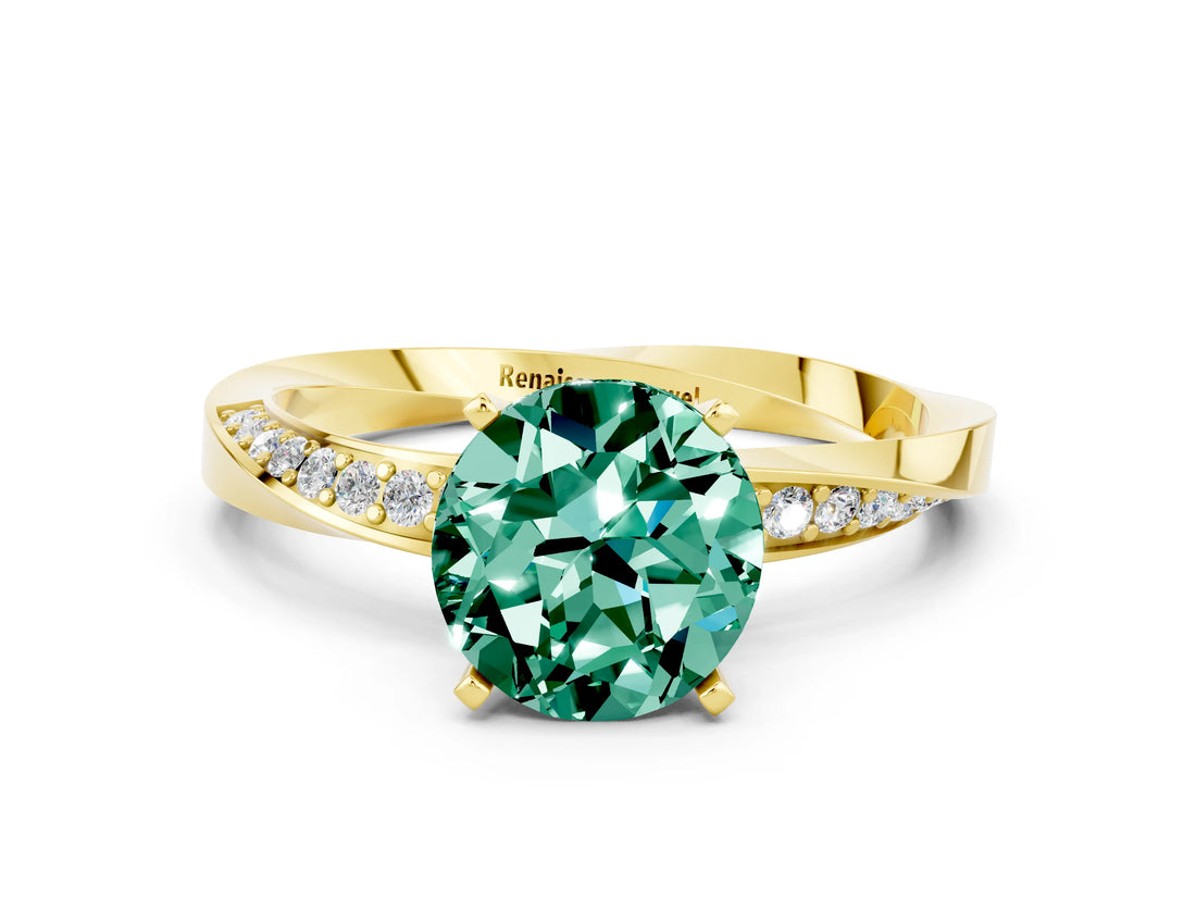 Yellow gold Round Cut Green Sapphire Engagement Ring with Side Stone Accents and Four-Prong Setting_60