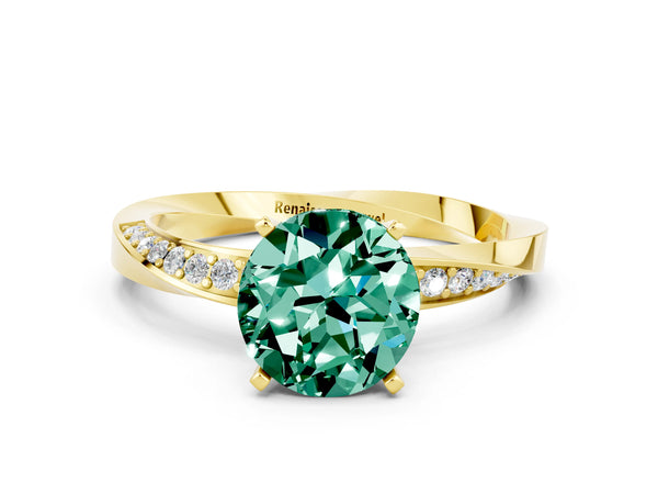Yellow gold Round Cut Green Sapphire Engagement Ring with Side Stone Accents and Four-Prong Setting