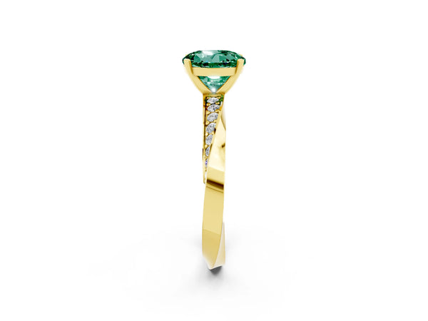 Yellow gold Round Cut Green Sapphire Engagement Ring with Side Stone Accents and Four-Prong Setting