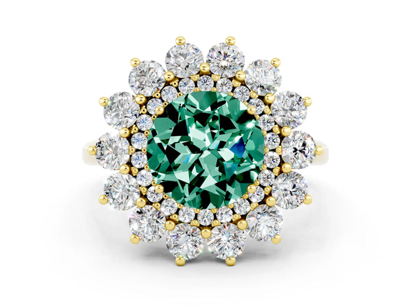 Yellow gold Round Cut Green Sapphire Floral Double Halo Engagement Ring with Prong Setting