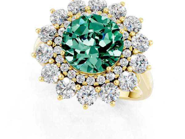 Yellow gold Round Cut Green Sapphire Floral Double Halo Engagement Ring with Prong Setting