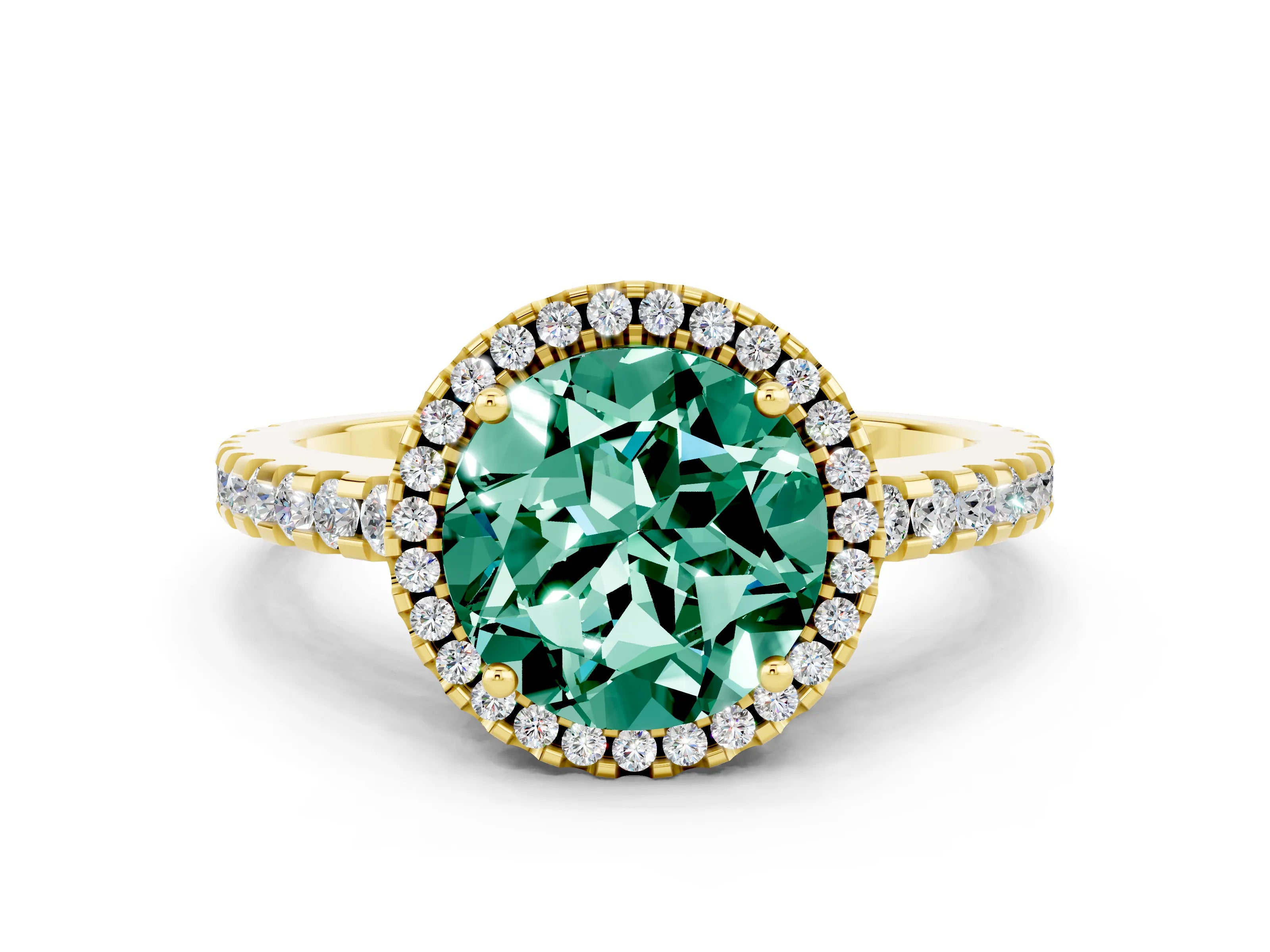 Yellow gold Round Cut Green Sapphire Halo Engagement Ring with Pavé Band and Prong Setting_12