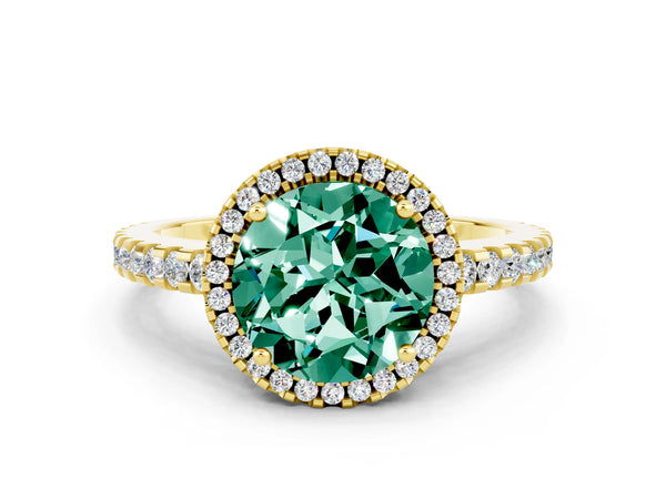 Yellow gold Round Cut Green Sapphire Halo Engagement Ring with Pavé Band and Prong Setting