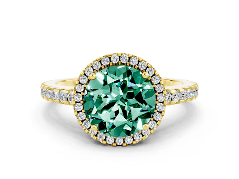 Yellow gold Round Cut Green Sapphire Halo Engagement Ring with Pavé Band and Prong Setting_12