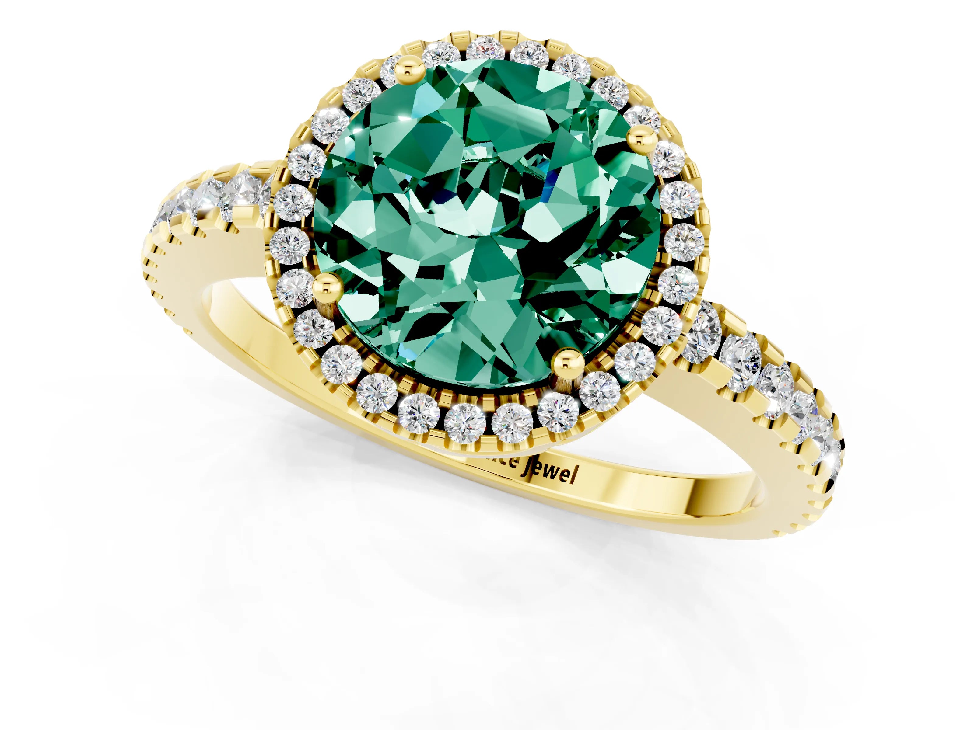 Yellow gold Round Cut Green Sapphire Halo Engagement Ring with Pavé Band and Prong Setting_13