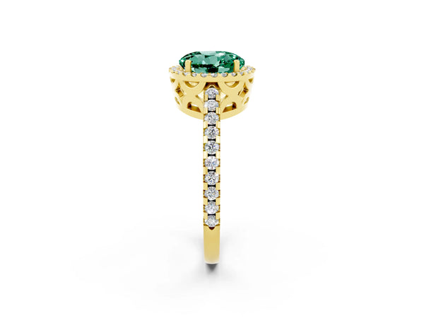 Yellow gold Round Cut Green Sapphire Halo Engagement Ring with Pavé Band and Prong Setting