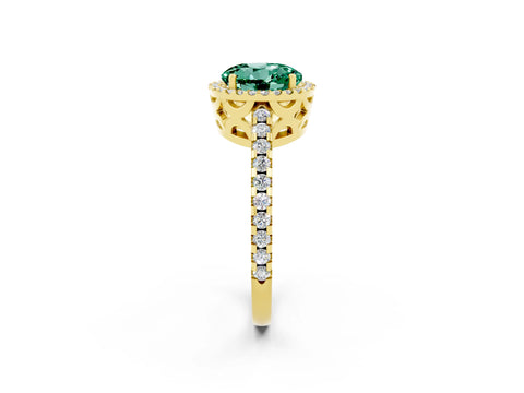 Yellow gold Round Cut Green Sapphire Halo Engagement Ring with Pavé Band and Prong Setting_14