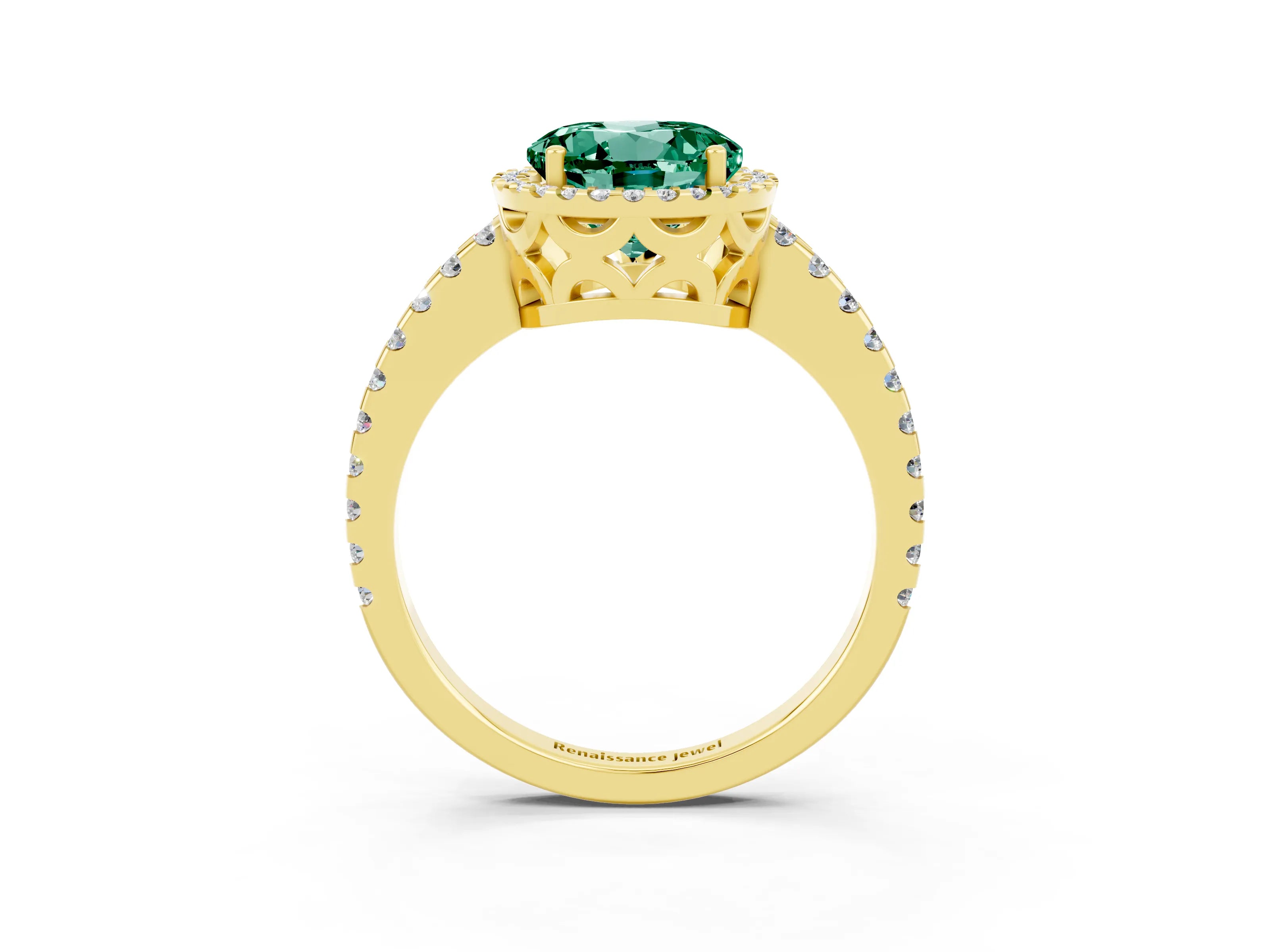 Yellow gold Round Cut Green Sapphire Halo Engagement Ring with Pavé Band and Prong Setting_15