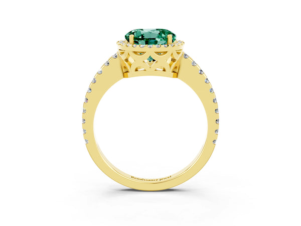 Yellow gold Round Cut Green Sapphire Halo Engagement Ring with Pavé Band and Prong Setting