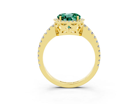 Yellow gold Round Cut Green Sapphire Halo Engagement Ring with Pavé Band and Prong Setting_15