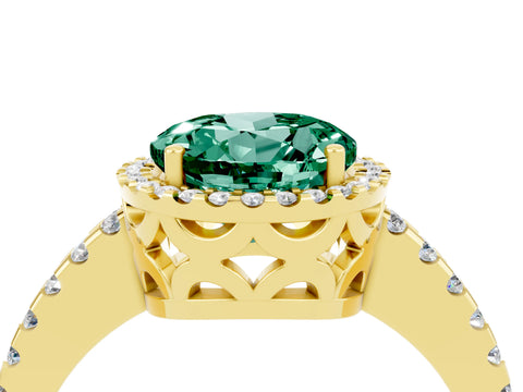 Yellow gold Round Cut Green Sapphire Halo Engagement Ring with Pavé Band and Prong Setting_16