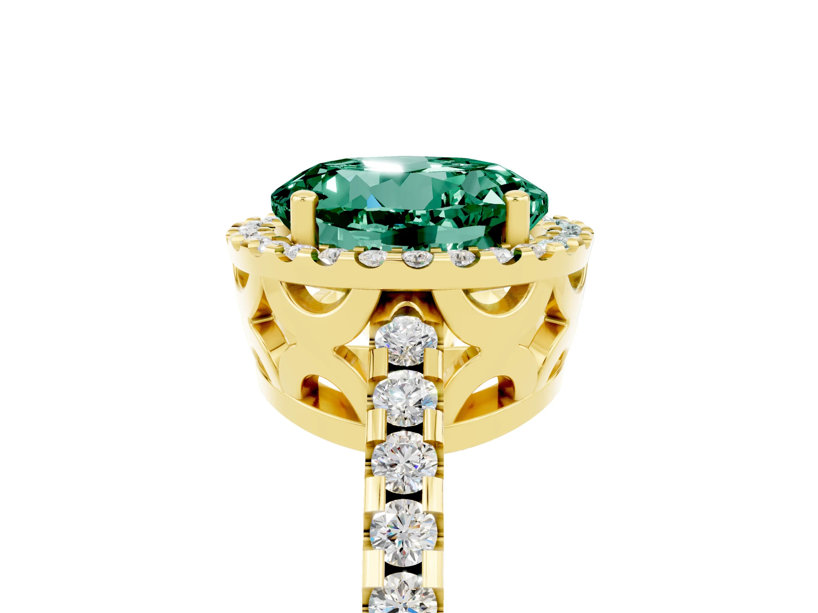 Yellow gold Round Cut Green Sapphire Halo Engagement Ring with Pavé Band and Prong Setting_17