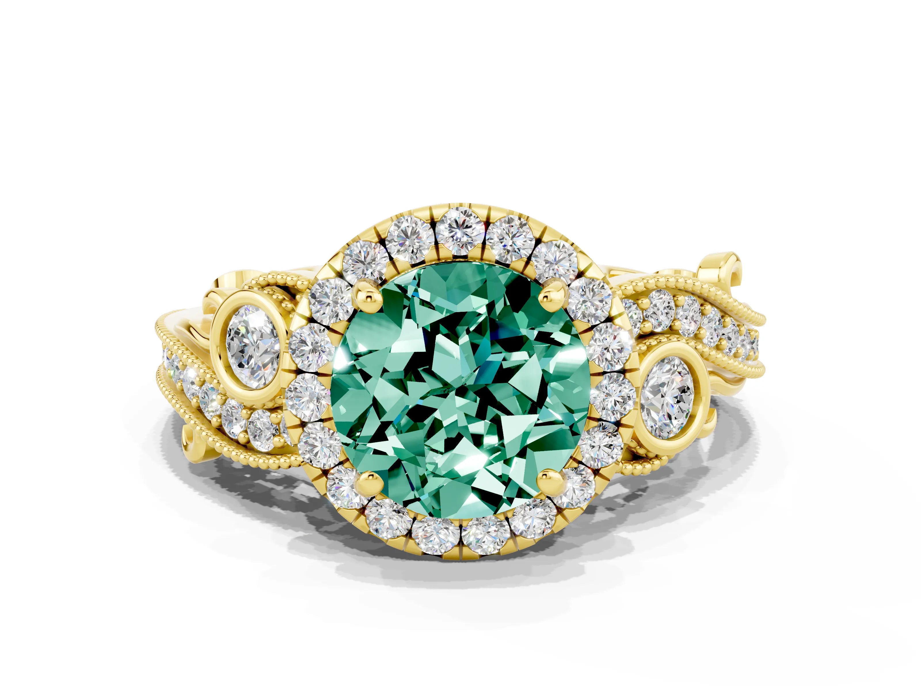 Yellow gold Round Cut Green Sapphire Halo Ring with Milgrain Pavé Band and Four-Prong Setting_12