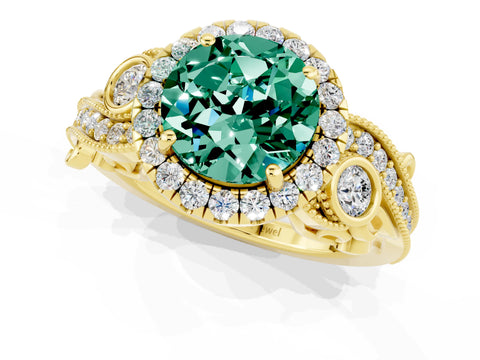 Yellow gold Round Cut Green Sapphire Halo Ring with Milgrain Pavé Band and Four-Prong Setting_13