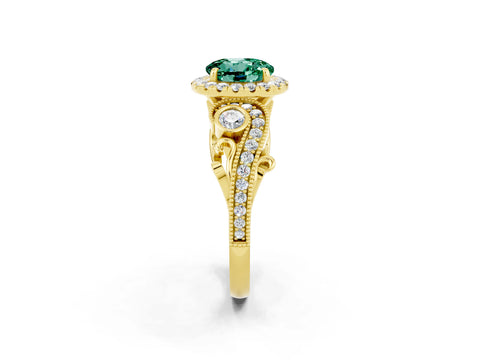 Yellow gold Round Cut Green Sapphire Halo Ring with Milgrain Pavé Band and Four-Prong Setting_14