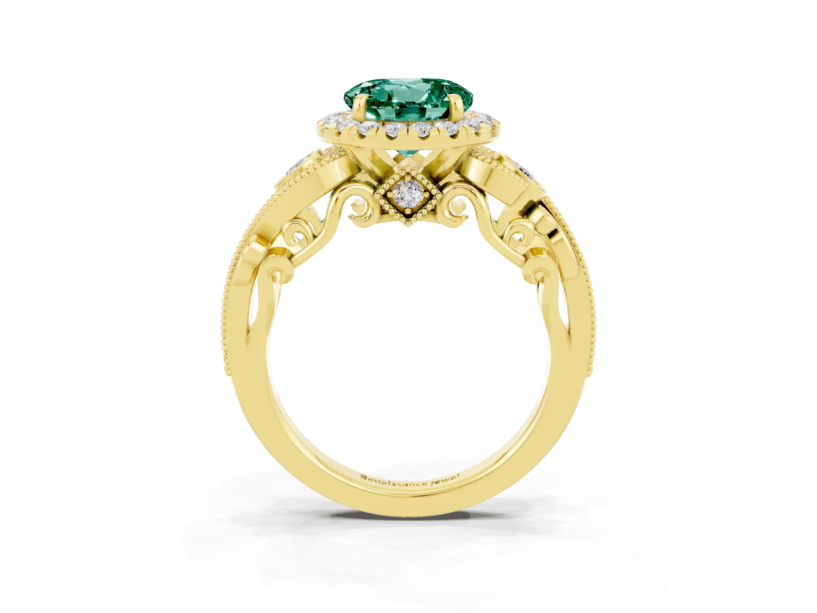 Yellow gold Round Cut Green Sapphire Halo Ring with Milgrain Pavé Band and Four-Prong Setting_15