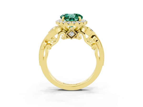 Yellow gold Round Cut Green Sapphire Halo Ring with Milgrain Pavé Band and Four-Prong Setting