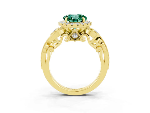 Yellow gold Round Cut Green Sapphire Halo Ring with Milgrain Pavé Band and Four-Prong Setting_15