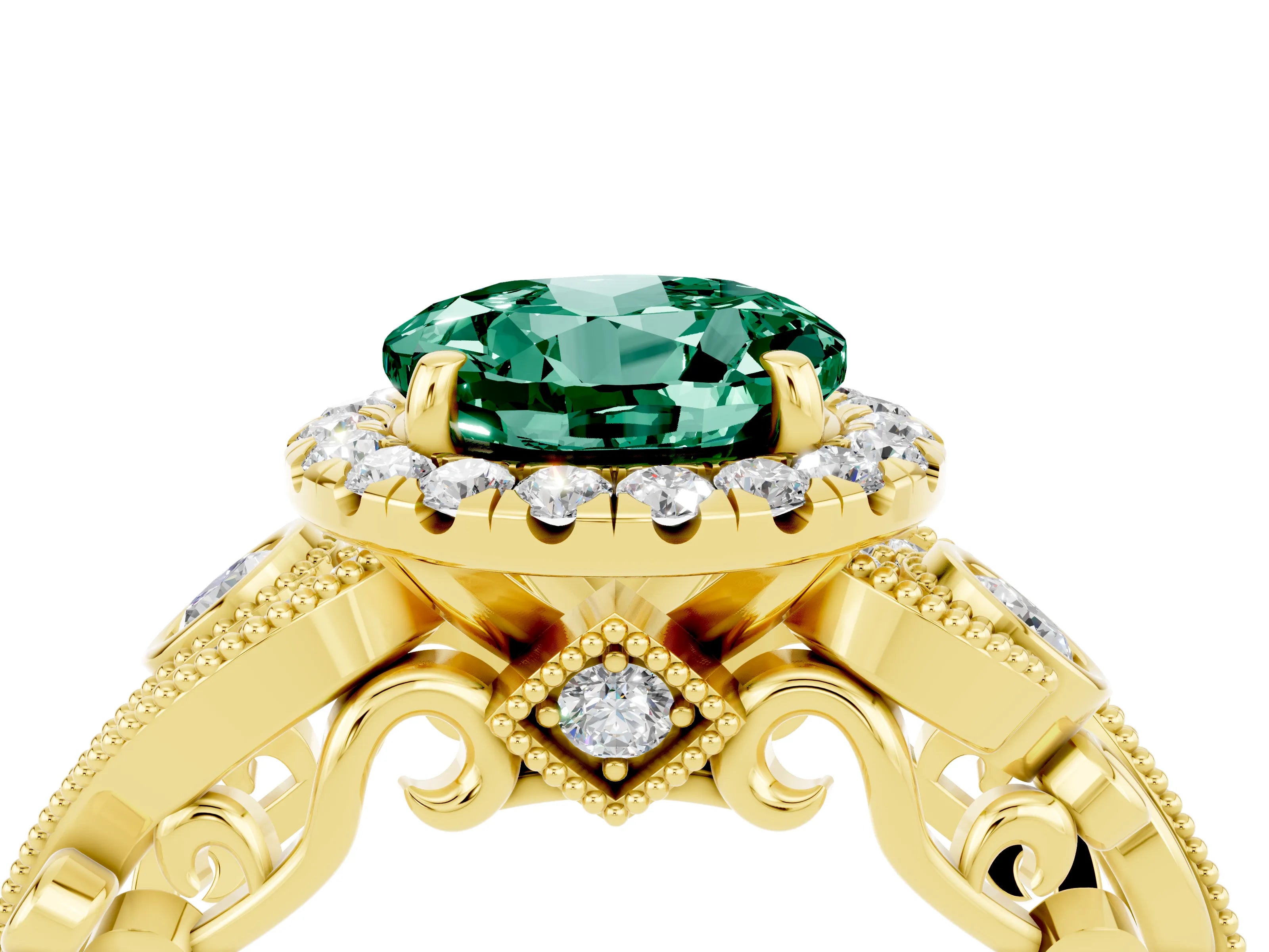 Yellow gold Round Cut Green Sapphire Halo Ring with Milgrain Pavé Band and Four-Prong Setting_16