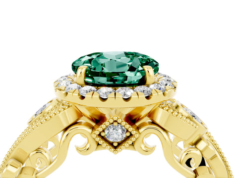 Yellow gold Round Cut Green Sapphire Halo Ring with Milgrain Pavé Band and Four-Prong Setting_16