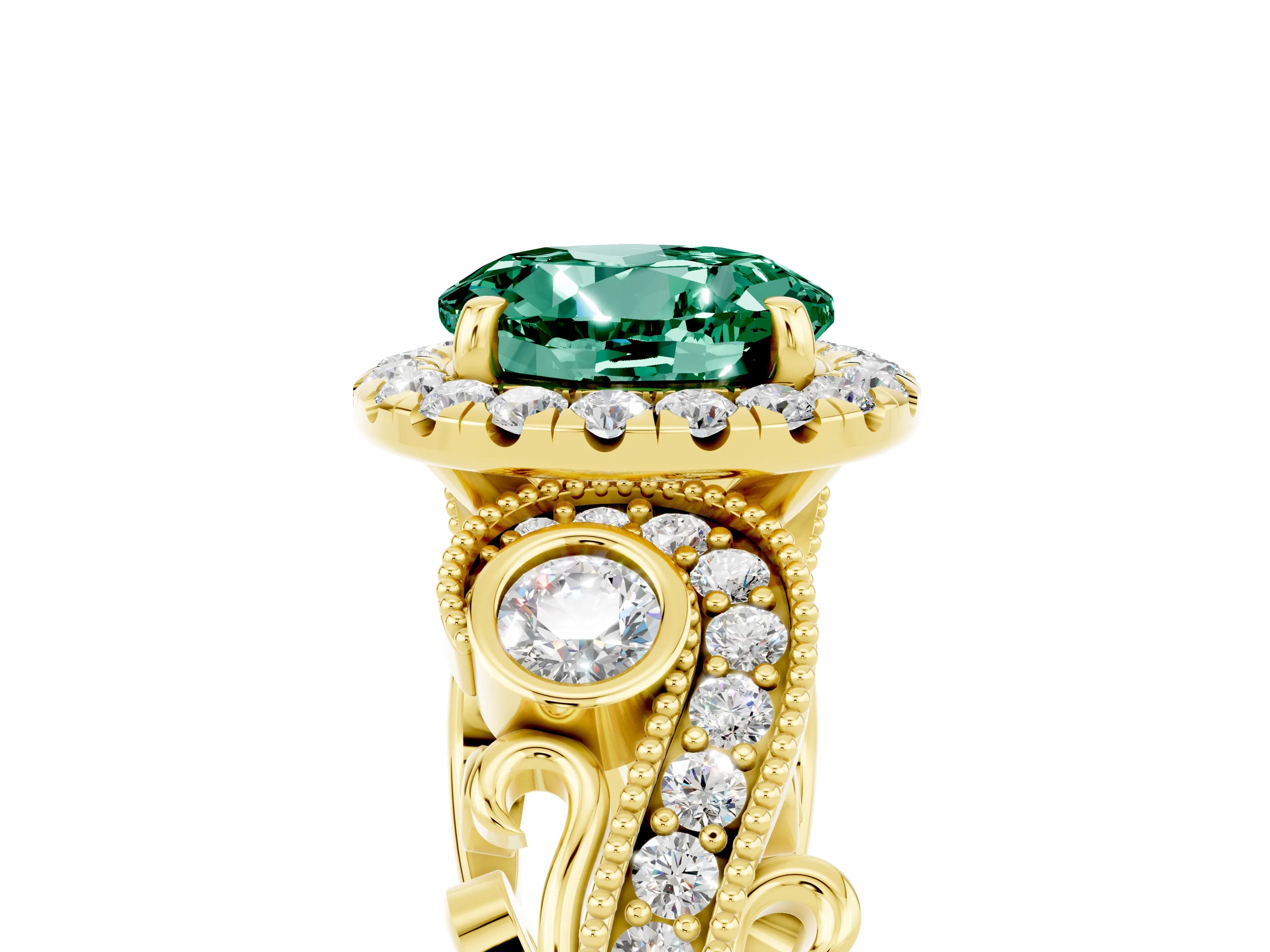 Yellow gold Round Cut Green Sapphire Halo Ring with Milgrain Pavé Band and Four-Prong Setting_17