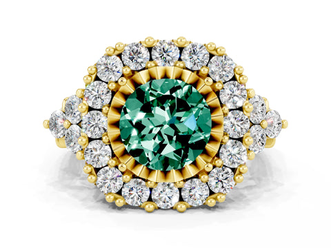 Yellow gold Round Cut Green Sapphire Halo Ring with Pavé Band and Four-Prong Setting_12